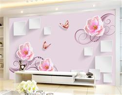تصویر 3 از گالری عکس پوستر دیواری سه بعدی  گل های صورتی و مربع های سفید و شاخه های بنفش