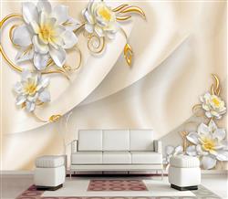 تصویر 2 از گالری عکس پوستر دیواری سه بعدی گل های سفید با مرکز زرد و پس زمینه ی کرم