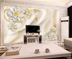 تصویر 3 از گالری عکس پوستر دیواری سه بعدی گل های سفید با مرکز زرد و پس زمینه ی کرم