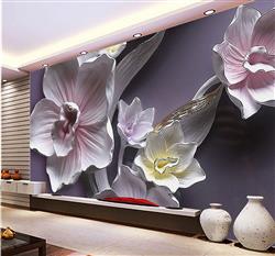 تصویر 4 از گالری عکس پوستر دیواری سه بعدی نقاشی زمینه ی بنفش با گل های سفید و صورتی
