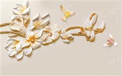تصویر 1 از گالری عکس پوستر دیواری سه بعدی شاخه گل حکاکی شده ی سفید و زرد