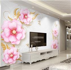 تصویر 2 از گالری عکس پوستر دیواری سه بعدی گل های صورتی با شاخه های طلایی و پس زمینه ی سفید