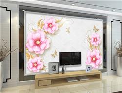تصویر 3 از گالری عکس پوستر دیواری سه بعدی گل های صورتی با شاخه های طلایی و پس زمینه ی سفید