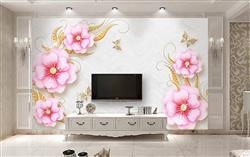 تصویر 4 از گالری عکس پوستر دیواری سه بعدی گل های صورتی با شاخه های طلایی و پس زمینه ی سفید
