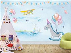 تصویر 3 از گالری عکس پوستر دیواری سه بعدی نقاشی اتاق کودک با پس زمینه ی آبی