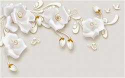 تصویر 1 از گالری عکس پوستر دیواری سه بعدی گل های سفید و طلایی با پس زمینه های خاکستری