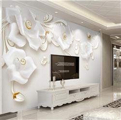 تصویر 2 از گالری عکس پوستر دیواری سه بعدی گل های سفید و طلایی با پس زمینه های خاکستری