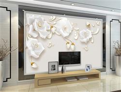 تصویر 3 از گالری عکس پوستر دیواری سه بعدی گل های سفید و طلایی با پس زمینه های خاکستری