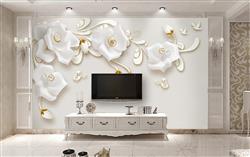 تصویر 4 از گالری عکس پوستر دیواری سه بعدی گل های سفید و طلایی با پس زمینه های خاکستری