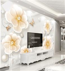 تصویر 4 از گالری عکس پوستر دیواری سه بعدی گل های سفید و زرد با پروانه های بژ