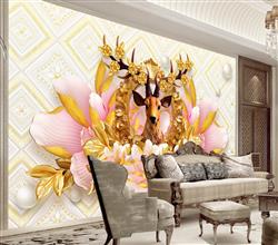 تصویر 2 از گالری عکس پوستر دیواری سه بعدی گل های صورتی با سر طلایی گوزن وسط