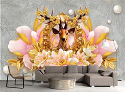 تصویر 3 از گالری عکس پوستر دیواری سه بعدی گل های صورتی با سر طلایی گوزن وسط