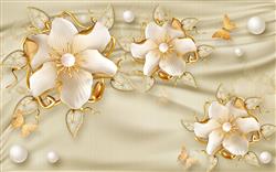 تصویر 1 از گالری عکس پوستر دیواری سه بعدی گل های سفید با ساقه های طلایی و پس زمینه ی صورتی