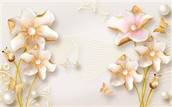 تصویر 2 از گالری عکس پوستر دیواری سه بعدی گل های سفید با ساقه های طلایی و پس زمینه ی صورتی