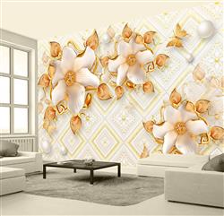 تصویر 4 از گالری عکس پوستر دیواری سه بعدی گل های سفید با ساقه های طلایی و پس زمینه ی صورتی