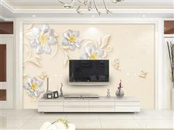 تصویر 3 از گالری عکس پوستر دیواری سه بعدی گل های سفید با پس زمینه ی کرم