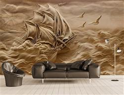 تصویر 2 از گالری عکس پوستر دیواری سه بعدی حکاکی کشتی و موج های بژ