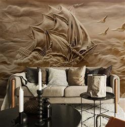 تصویر 5 از گالری عکس پوستر دیواری سه بعدی حکاکی کشتی و موج های بژ