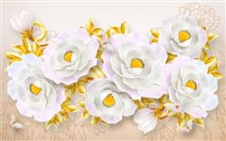 تصویر 1 از گالری عکس پوستر دیواری سه بعدی گلها های سفید با برگ های طلایی