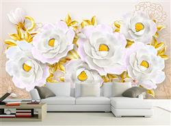 تصویر 3 از گالری عکس پوستر دیواری سه بعدی گلها های سفید با برگ های طلایی