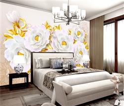 تصویر 4 از گالری عکس پوستر دیواری سه بعدی گلها های سفید با برگ های طلایی