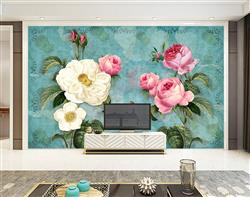 تصویر 2 از گالری عکس پوستر دیواری سه بعدی گل های سفید و صورتی و پس زمینه سبز