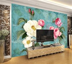 تصویر 6 از گالری عکس پوستر دیواری سه بعدی گل های سفید و صورتی و پس زمینه سبز