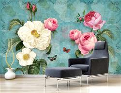 تصویر 7 از گالری عکس پوستر دیواری سه بعدی گل های سفید و صورتی و پس زمینه سبز