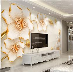 تصویر 2 از گالری عکس پوستر دیواری سه بعدی گل های سفید و طلایی شاخه های طلایی