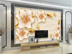 تصویر 3 از گالری عکس پوستر دیواری سه بعدی گل های سفید و طلایی شاخه های طلایی