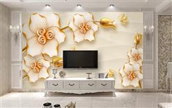 تصویر 4 از گالری عکس پوستر دیواری سه بعدی گل های سفید و طلایی شاخه های طلایی
