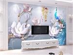 تصویر 5 از گالری عکس پوستر دیواری سه بعدی طاووس آبی چینی و گلهای سه بعدی زیبا