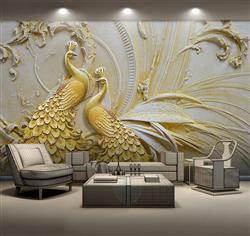 تصویر 2 از گالری عکس پوستر دیواری سه بعدی طاووس های گچی طلایی