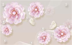 تصویر 1 از گالری عکس پوستر سه بعدی گل های صورتی با مرواریدهای سفید و پروانه