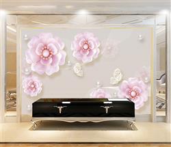 تصویر 2 از گالری عکس پوستر سه بعدی گل های صورتی با مرواریدهای سفید و پروانه