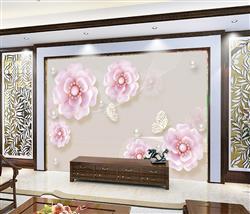 تصویر 3 از گالری عکس پوستر سه بعدی گل های صورتی با مرواریدهای سفید و پروانه