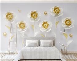 تصویر 4 از گالری عکس پوستر دیواری سه بعدی گل های طلایی و سفید خاص فانتزی