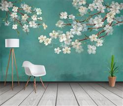 تصویر 2 از گالری عکس پوستر دیواری سه بعدی شکوفه های سفید در پس زمینه آبی