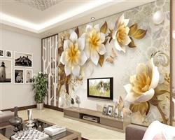 تصویر 4 از گالری عکس پوستر دیواری سه بعدی گل های سفید و زرد با برگ های بژ