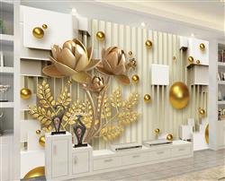 تصویر 3 از گالری عکس پوستر دیواری سه بعدی گل های بژ و گوی های طلایی و مربع عای سفید پس زمینه