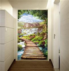 تصویر 3 از گالری عکس پوستر دیواری سه بعدی پل چوبی در جنگل و خانه زیبا