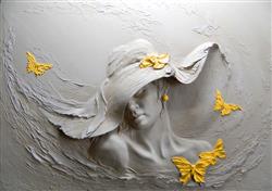 تصویر 1 از گالری عکس پوستر دیواری سه بعدی طرح گچ کاری زن کلاه دار با گل های زرد