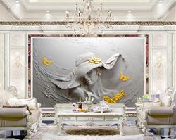 تصویر 2 از گالری عکس پوستر دیواری سه بعدی طرح گچ کاری زن کلاه دار با گل های زرد