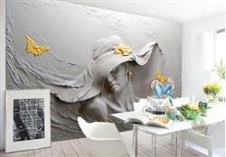 تصویر 4 از گالری عکس پوستر دیواری سه بعدی طرح گچ کاری زن کلاه دار با گل های زرد