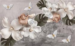 تصویر 1 از گالری عکس پوستر دیواری سه بعدی گل های هلندی سفید در پس زمینه طوسی