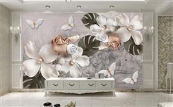 تصویر 2 از گالری عکس پوستر دیواری سه بعدی گل های هلندی سفید در پس زمینه طوسی