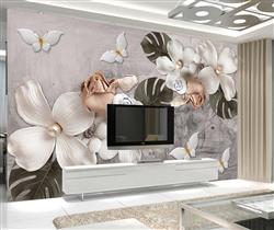 تصویر 3 از گالری عکس پوستر دیواری سه بعدی گل های هلندی سفید در پس زمینه طوسی