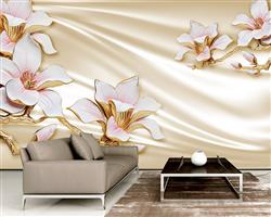 تصویر 3 از گالری عکس پوستر دیواری سه بعدی گل های سفید و طلایی و پس زمینه طلایی
