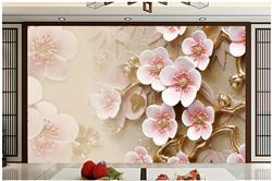 تصویر 3 از گالری عکس پوستر دیواری سه بعدی گل های صورتی و شاخه طلایی