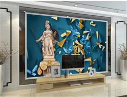 تصویر 3 از گالری عکس پوستر دیواری سه بعدی مجسمه و اشکال هندسی طلایی در پس زمینه سورمه ای